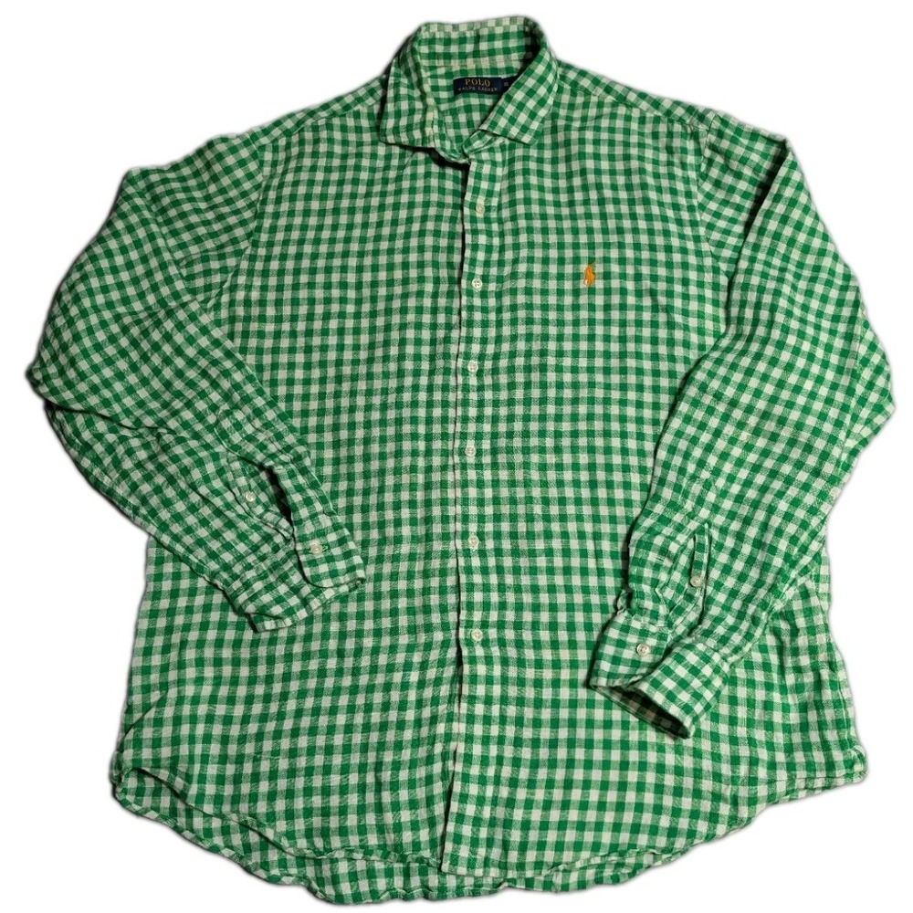 Polo Ralph Lauren Linen Long Sleeve Green Orange Gingham Button Shirt
